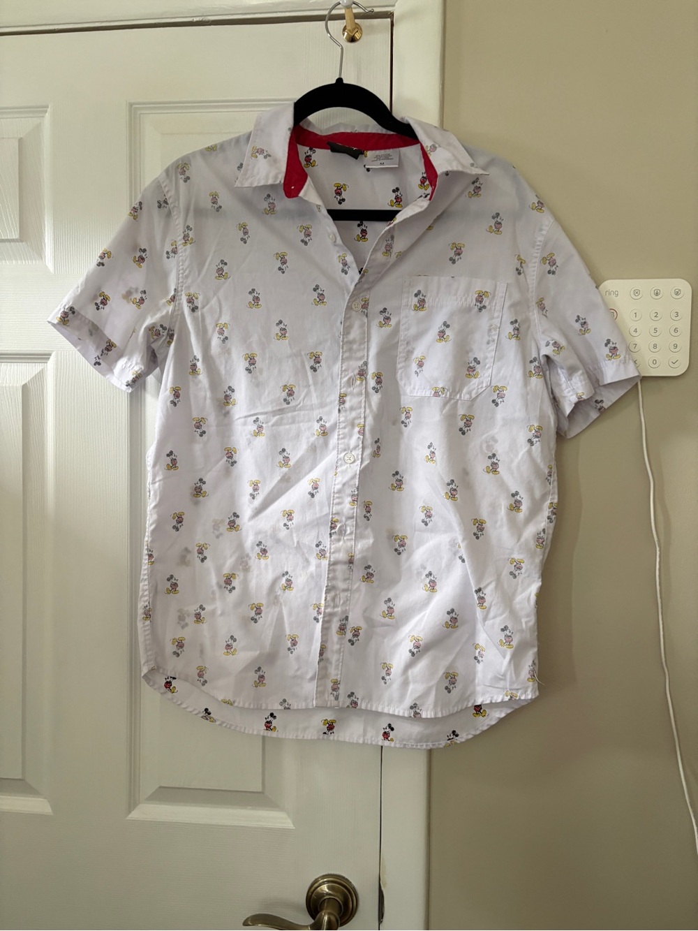 Men's White Short-Sleeve Button-Up Shirt with Faded Mickey Mouse Print
